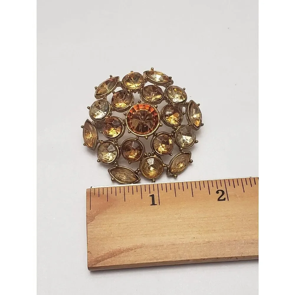 Vintage Gem Domed Brooch Topaz & Amber Rhinestones